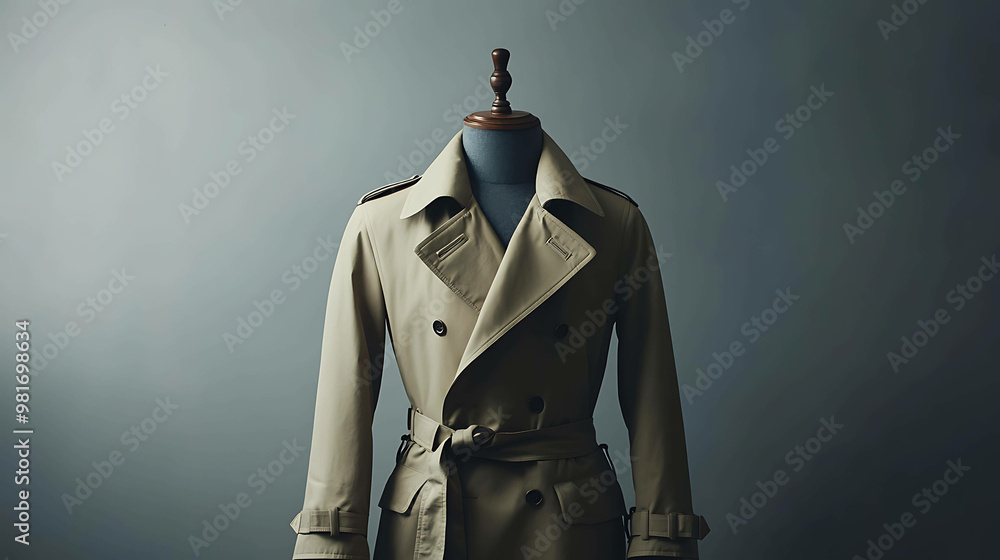 Classic beige trench coat on a mannequin against a grey background. Classic beige trench coat on a mannequin against a grey background.