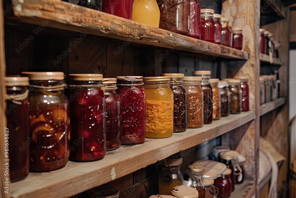 A rustic wooden shelf stocked with jars. The jars are filled with homemade preserves, suggesting a sense of tradition and home-grown goodness. A rustic wooden shelf stocked with jars. The jars are filled with homemade preserves, suggesting a sense of tradition and home-grown goodness.