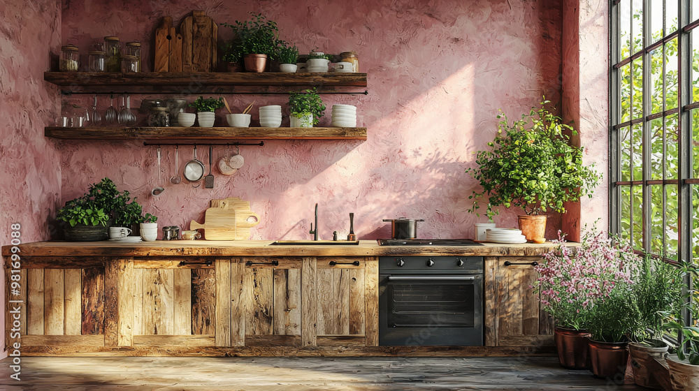 Rustic kitchen with wooden cabinets and a pink wall. Rustic kitchen with wooden cabinets and a pink wall.