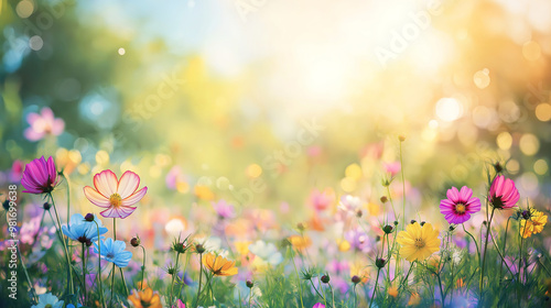 Colorful Flower Meadow with Sunbeams, Blue Sky, and Bokeh Lights for Summer Banner