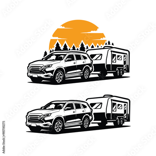 SUV Towing Caravan Trailer Vector Art Illustration. Best for Automotive Outdoor Activity Related Print Design