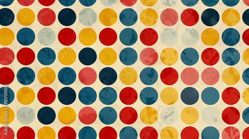 A retro-style polka dot pattern in red, yellow, blue and pink on a cream background.