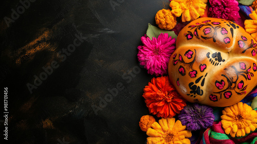 An altar is adorned with a beautifully decorated bread and bright marigold flowers, symbolizing the celebration of life during Dia de los Muertos festivities, copy space photo