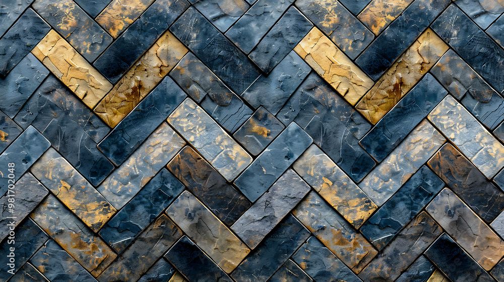 A seamless pattern of blue and gold stone tiles in a herringbone pattern. A seamless pattern of blue and gold stone tiles in a herringbone pattern.