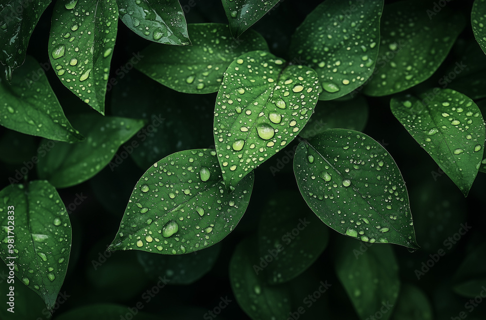 Obraz premium Dense Foliage with Dew Drops Imparting a Sense of Freshness and Morning Serenity
