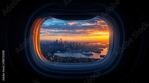 A view of a city from an airplane window with the sun setting in the background.