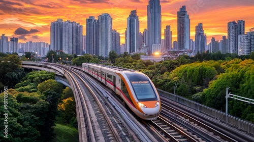 Modern electric trains speeding through vibrant urban cityscape.	
 photo