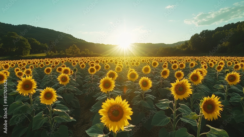 Fototapeta premium A circular field of sunflowers facing the sun as it rises in the morning