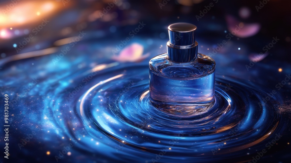 A mystical blue perfume bottle floats serenely in rippling water, surrounded by stars and gentle hues of cosmic beauty. A mystical blue perfume bottle floats serenely in rippling water, surrounded by stars and gentle hues of cosmic beauty.