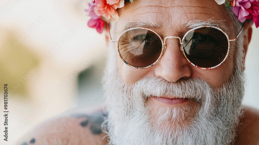 A joyful senior man with a silver beard wears a flower crown and sunglasses, radiating warmth and peace in a colorful outdoor environment on a sunny day A joyful senior man with a silver beard wears a flower crown and sunglasses, radiating warmth and peace in a colorful outdoor environment on a sunny day