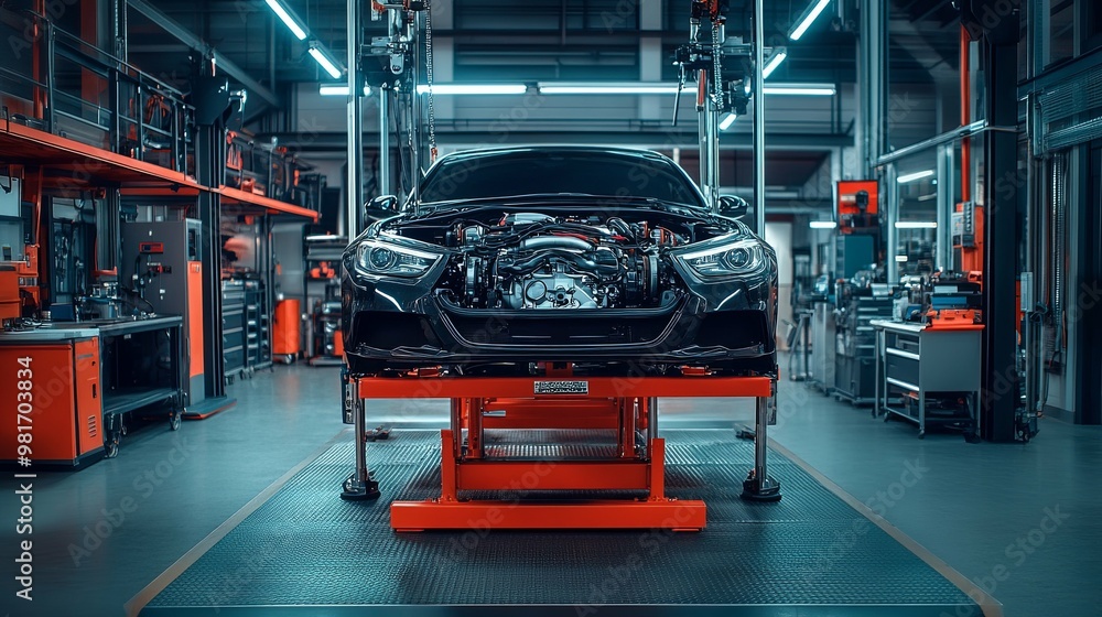 Black Car with Exposed Engine on a Lift in a Garage Black Car with Exposed Engine on a Lift in a Garage