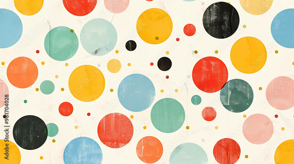 A colorful and whimsical polka dot pattern with a textured, vintage feel.