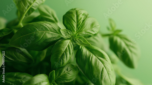 basil with fresh basil leaves and stems against an isolated soft green background