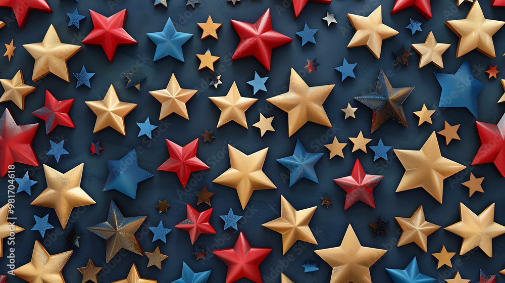 Red, white, and blue stars on a dark blue background. Red, white, and blue stars on a dark blue background.