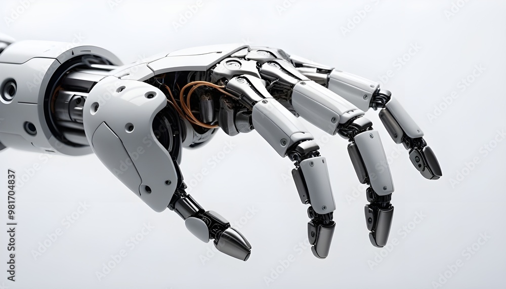 A captivating image of a human hand and a robotic finger almost touching, set against a sleek, white background. A captivating image of a human hand and a robotic finger almost touching, set against a sleek, white background.