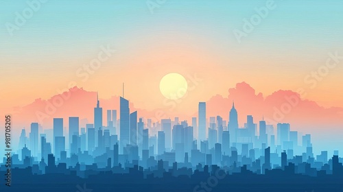 Weather Climate Change City skyline covered in smog and heatwaves, illustrating urban climate change impact, no face, flat design illustration