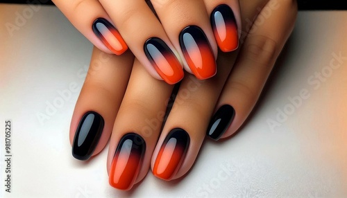 A close-up of a hand with nails painted in a gradient design transitioning from black to orange to white.

 photo