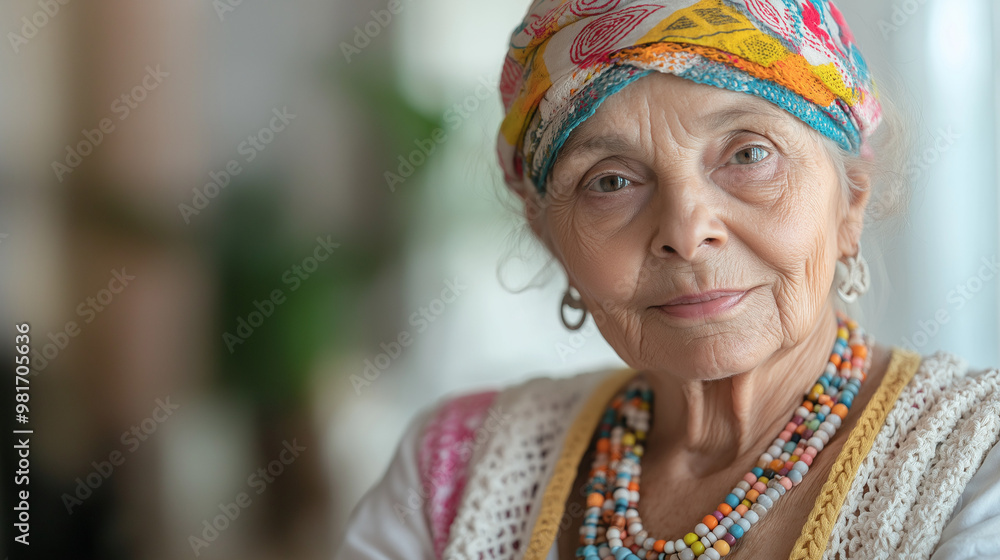 An elderly woman with an enchanting smile showcases her vibrant hippie style through colorful headwear and layered jewelry, radiating warmth and wisdom An elderly woman with an enchanting smile showcases her vibrant hippie style through colorful headwear and layered jewelry, radiating warmth and wisdom