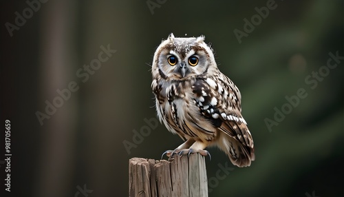 Charming juvenile owl perched on a rustic wooden post photo