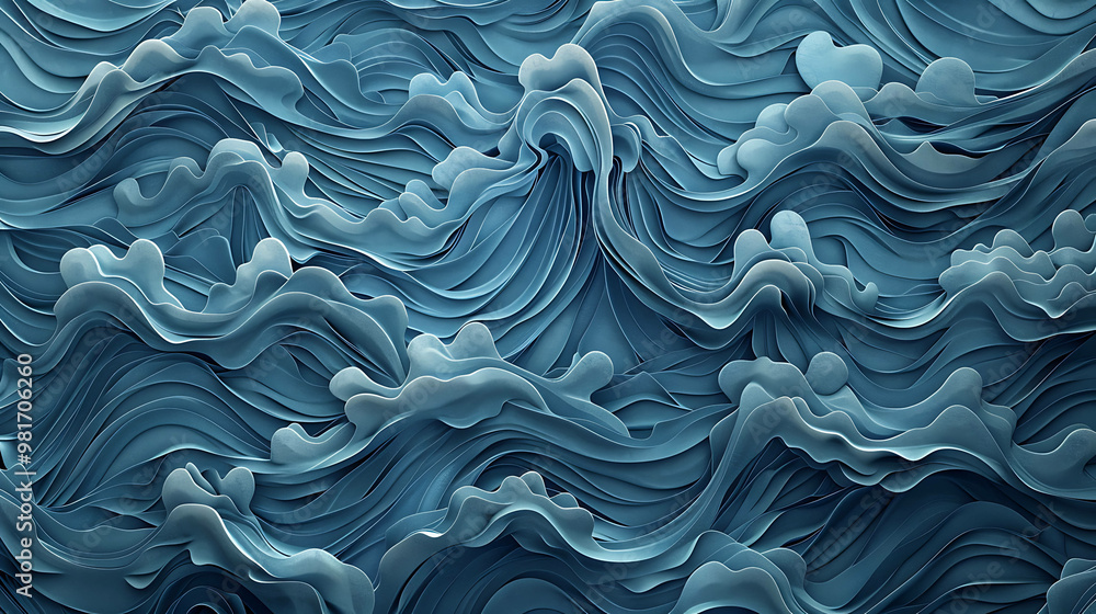 Fototapeta premium Abstract blue waves in layered, paper-like texture.