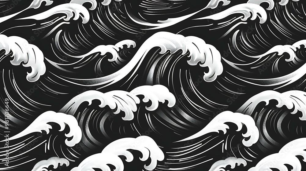 Fototapeta premium Black and white illustration of a wave pattern.