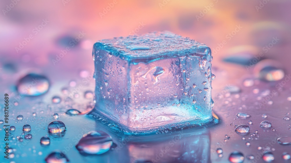 Ice cube with water droplets on reflective Ice cube with water droplets on reflective