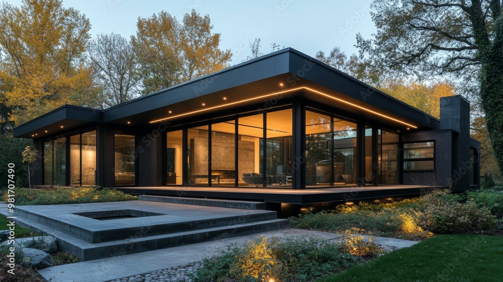 Minimalist black cube house, recessed warm lighting highlights the geometric front porch, modern architecture, soft dusk glow Minimalist black cube house, recessed warm lighting highlights the geometric front porch, modern architecture, soft dusk glow