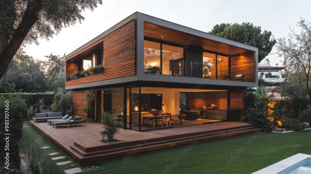 Minimalist cube home with a warm wooden slatted facade, horizontal lines creating a harmonious balance between modern design and natural warmth Minimalist cube home with a warm wooden slatted facade, horizontal lines creating a harmonious balance between modern design and natural warmth