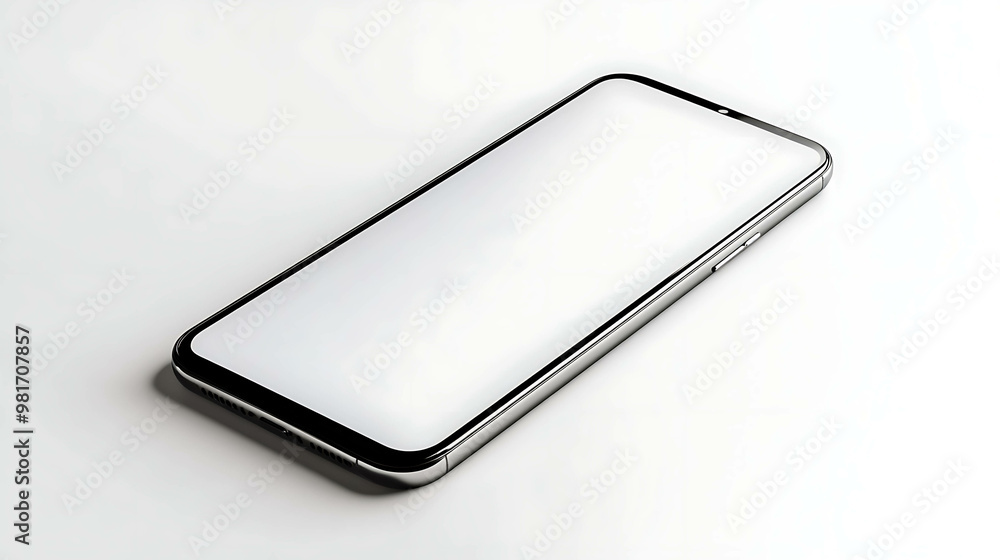 Black smartphone with a blank white screen lying flat on a white surface. Black smartphone with a blank white screen lying flat on a white surface.