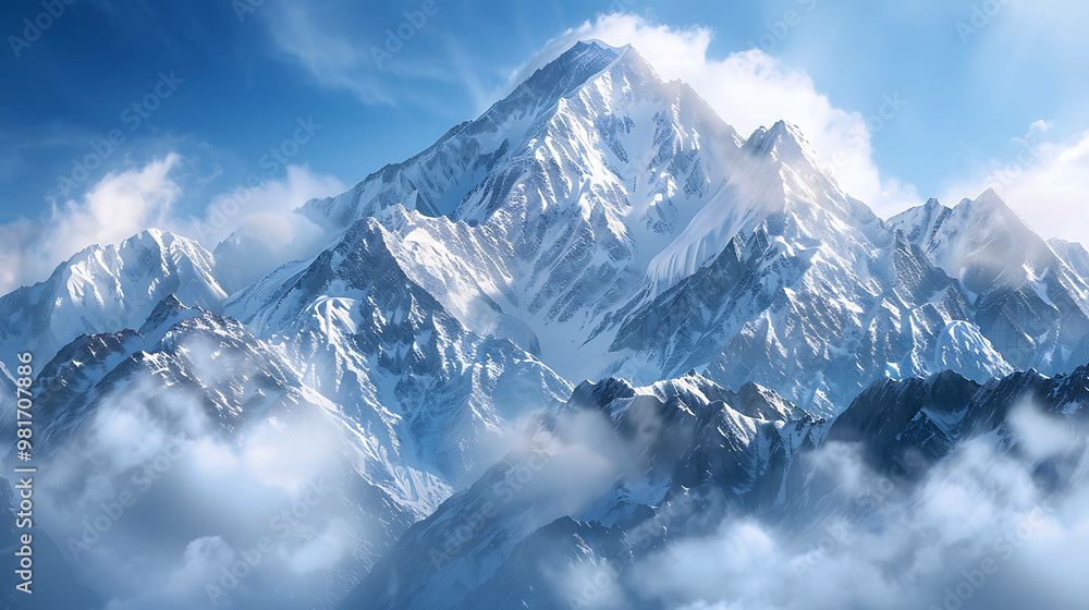 A majestic snow-capped mountain peak pierces through clouds. A majestic snow-capped mountain peak pierces through clouds.