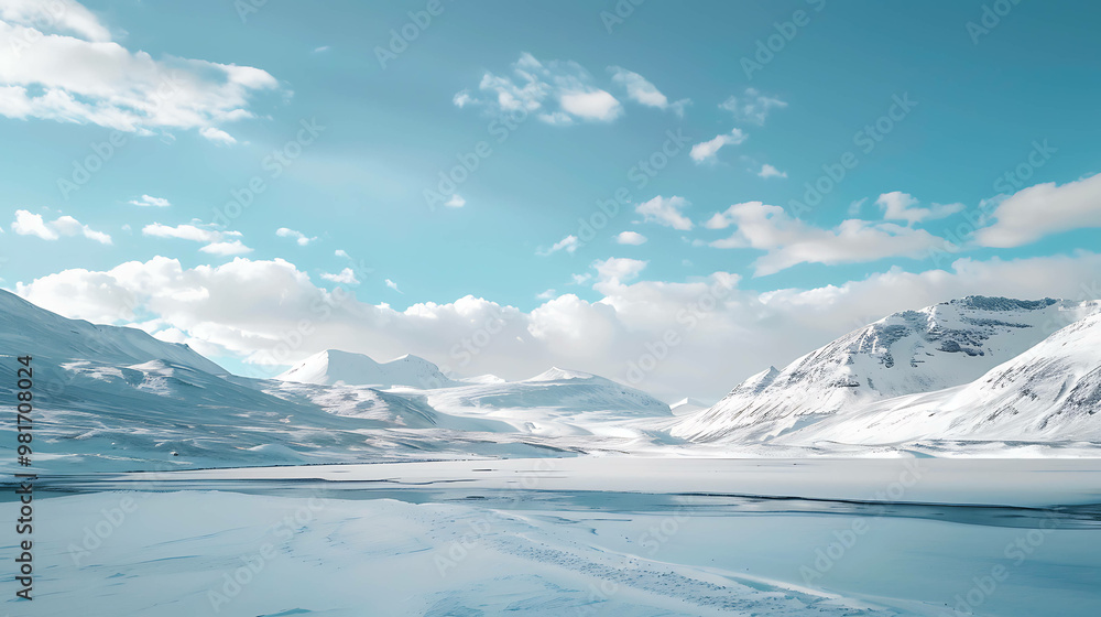 custom made wallpaper toronto digitalSnow covered mountains with a frozen lake in the foreground under a bright blue sky.
