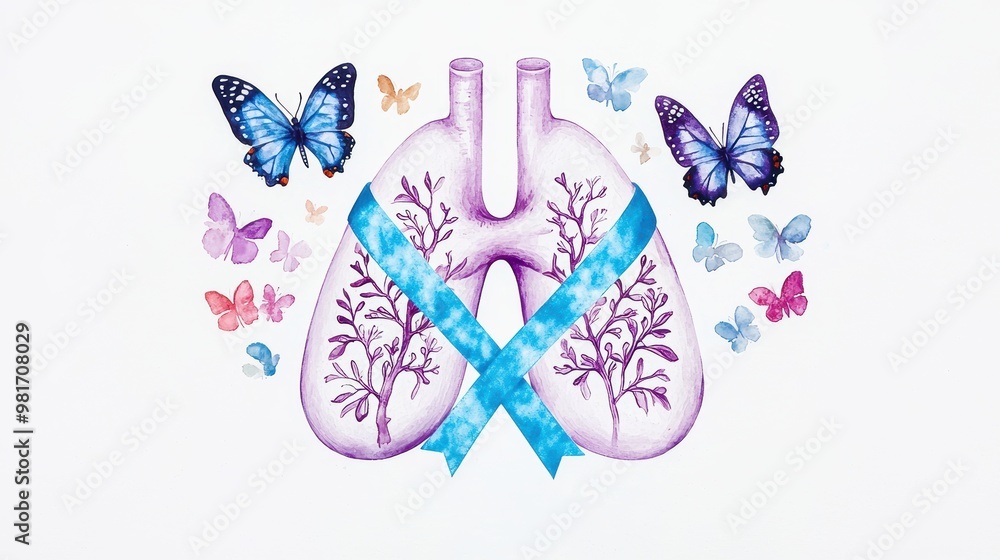 Lungs with butterfly and awareness ribbon, white background, watercolor style Lungs with butterfly and awareness ribbon, white background, watercolor style