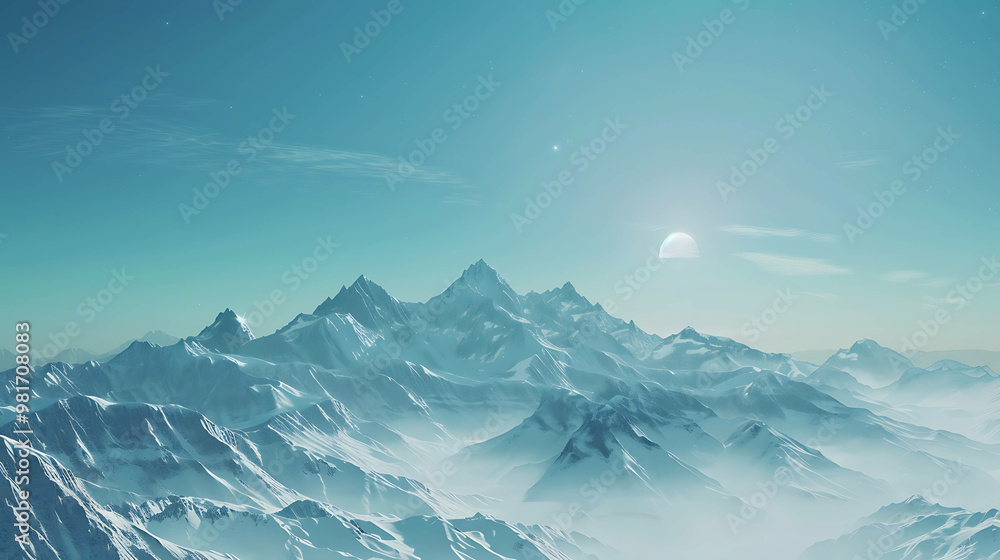 A snowy mountain range with a bright moon in the sky. A snowy mountain range with a bright moon in the sky.
