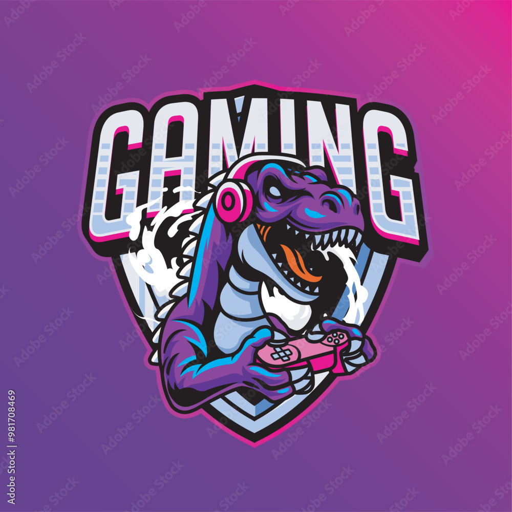 Naklejka premium Vector Illustration of Dinosaur Wearing Headphone Playing Joystick with Esport Style Illustration Available for Logo Badge