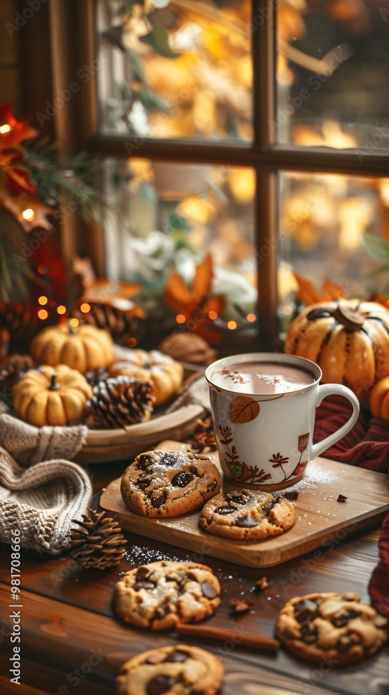 Naklejka premium Cozy autumn still life with cup of cocoa and cookies