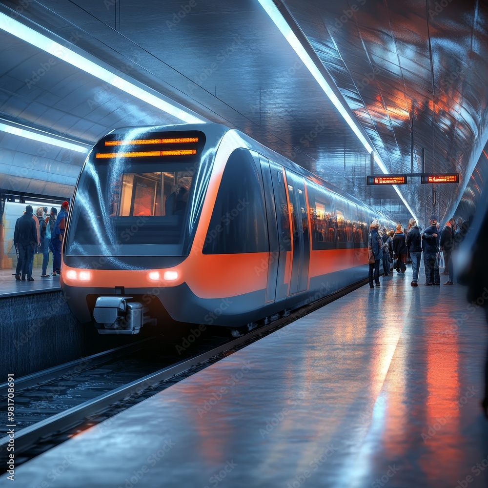 Modern Subway Train in Sleek Urban Station Modern Subway Train in Sleek Urban Station