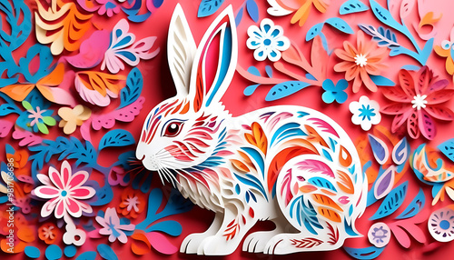 Rabbit image in paper-cutting art, rich in color and symbolizing good fortune