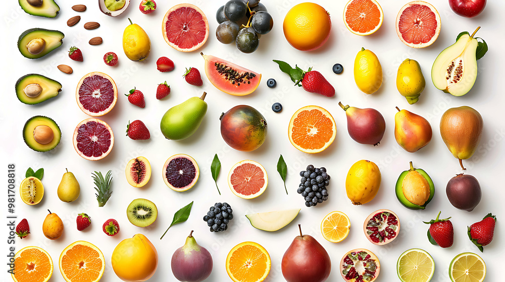 A flat lay of fresh fruits and vegetables. A flat lay of fresh fruits and vegetables.