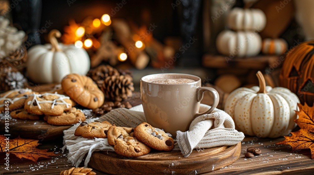 A cup of cocoa with cookies at Autumn A cup of cocoa with cookies at Autumn