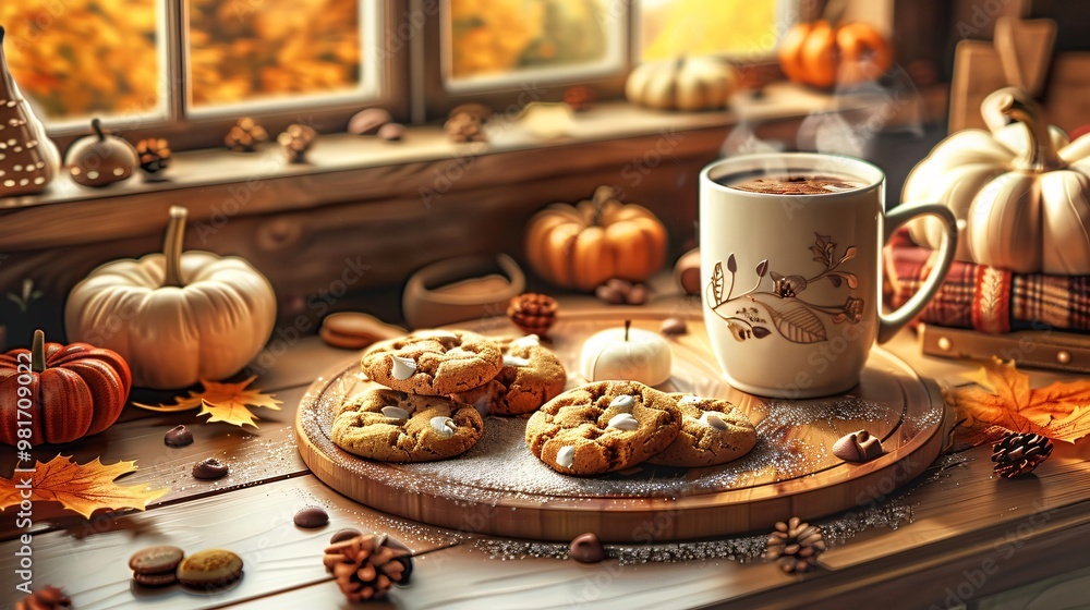 Fototapeta premium A cup of cocoa with cookies at Autumn