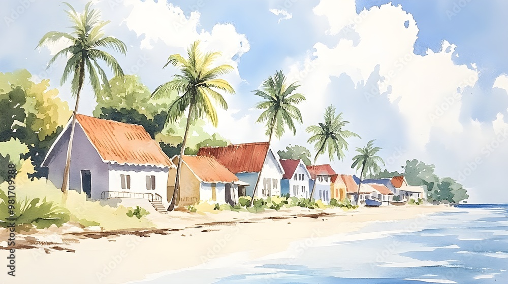 Fototapeta premium Coastal village alive with rainbow-colored buildings, palm trees dancing in the gentle breeze, watercolor strokes depicting a harmonious seaside paradise