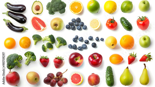 Wallpaper Mural A variety of fresh fruits and vegetables arranged in rows on a white background. Torontodigital.ca