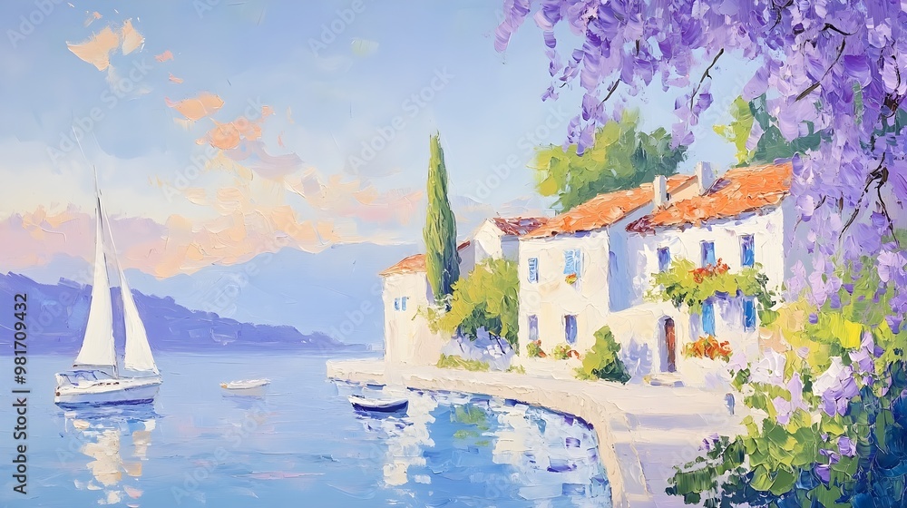 Fototapeta premium Coastal town with vibrant homes overlooking a serene bay, sailboats floating lazily, painted in rich oil colors, sunset glow on the horizon