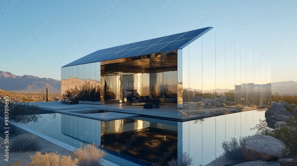 Modern cube house with sharp steel exteriors, reflective surfaces, and solar panels embedded across the roof, set in a minimalistic desert landscape Modern cube house with sharp steel exteriors, reflective surfaces, and solar panels embedded across the roof, set in a minimalistic desert landscape