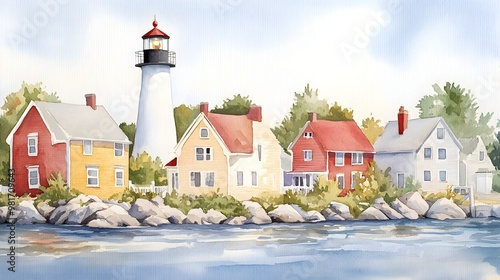 Coastal town scene with colorful buildings, a tall lighthouse standing guard, gentle waves lapping at the shore, detailed watercolor and oil fusion
