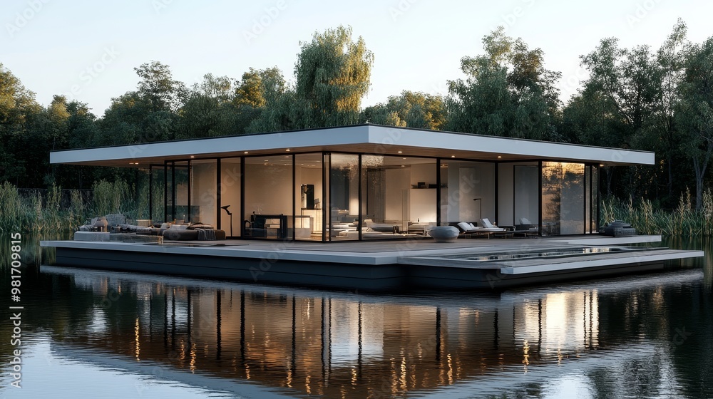 Modern floating cube house with glass walls, suspended over a serene lakeCrisp reflections of the home and nature blend into the calm water Modern floating cube house with glass walls, suspended over a serene lakeCrisp reflections of the home and nature blend into the calm water