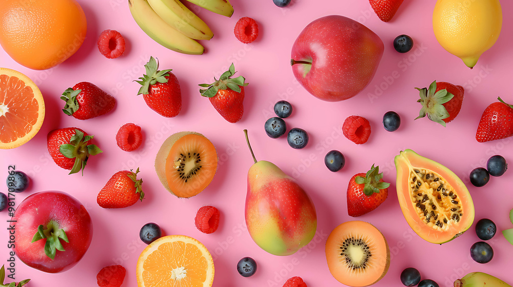 A flat lay of fresh fruit on a pink background. A flat lay of fresh fruit on a pink background.
