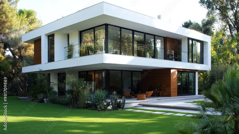 Modern modular cube house with smooth white panels, glass balconies reflecting sunlight, surrounded by green foliage and clean lines, contemporary architecture Modern modular cube house with smooth white panels, glass balconies reflecting sunlight, surrounded by green foliage and clean lines, contemporary architecture