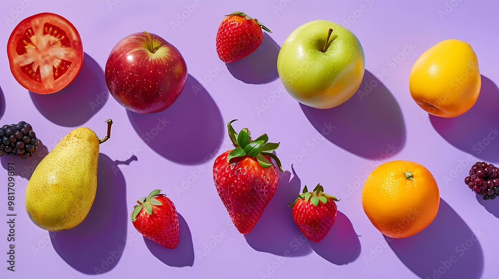A vibrant flat lay of fresh fruits on a purple background. A vibrant flat lay of fresh fruits on a purple background.