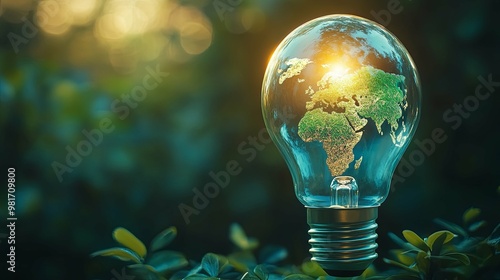 A Light Bulb Containing a Green Earth Map Surrounded by Greenery